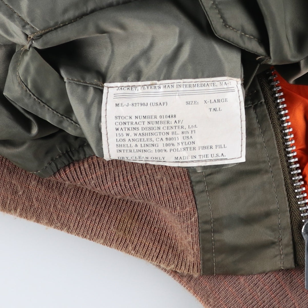 WATKINS DESIGN CENTER Ltd. L-2B Type Stars and Stripes Pattern Padded Military Flight Jacket, Made in USA, Men's Size XL Nylon Khaki type Vintage Second Hand