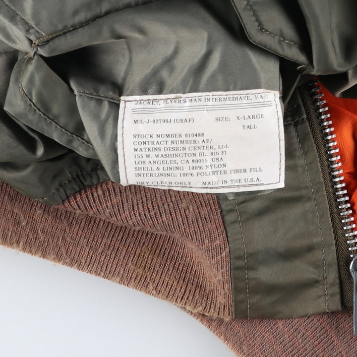 WATKINS DESIGN CENTER Ltd. L-2B Type Stars and Stripes Pattern Padded Military Flight Jacket, Made in USA, Men's Size XL Nylon Khaki type Vintage Second Hand