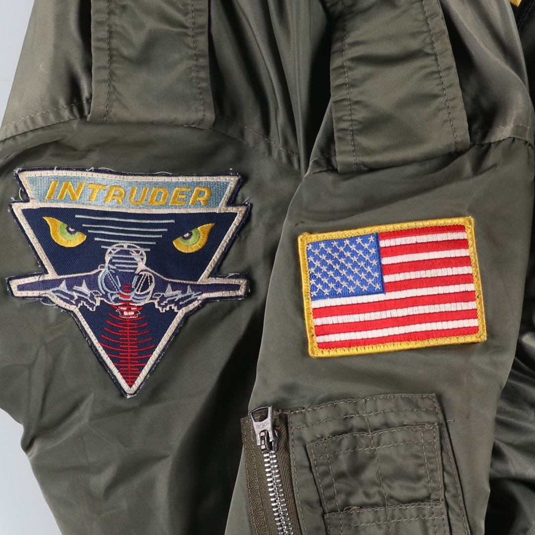 WATKINS DESIGN CENTER Ltd. L-2B Type Stars and Stripes Pattern Padded Military Flight Jacket, Made in USA, Men's Size XL Nylon Khaki type Vintage Second Hand