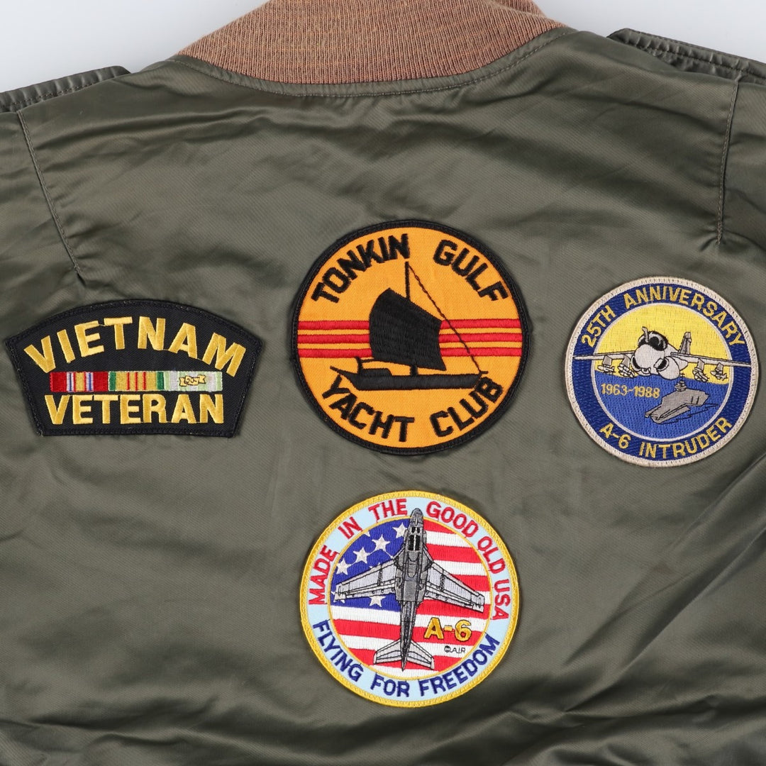 WATKINS DESIGN CENTER Ltd. L-2B Type Stars and Stripes Pattern Padded Military Flight Jacket, Made in USA, Men's Size XL Nylon Khaki type Vintage Second Hand