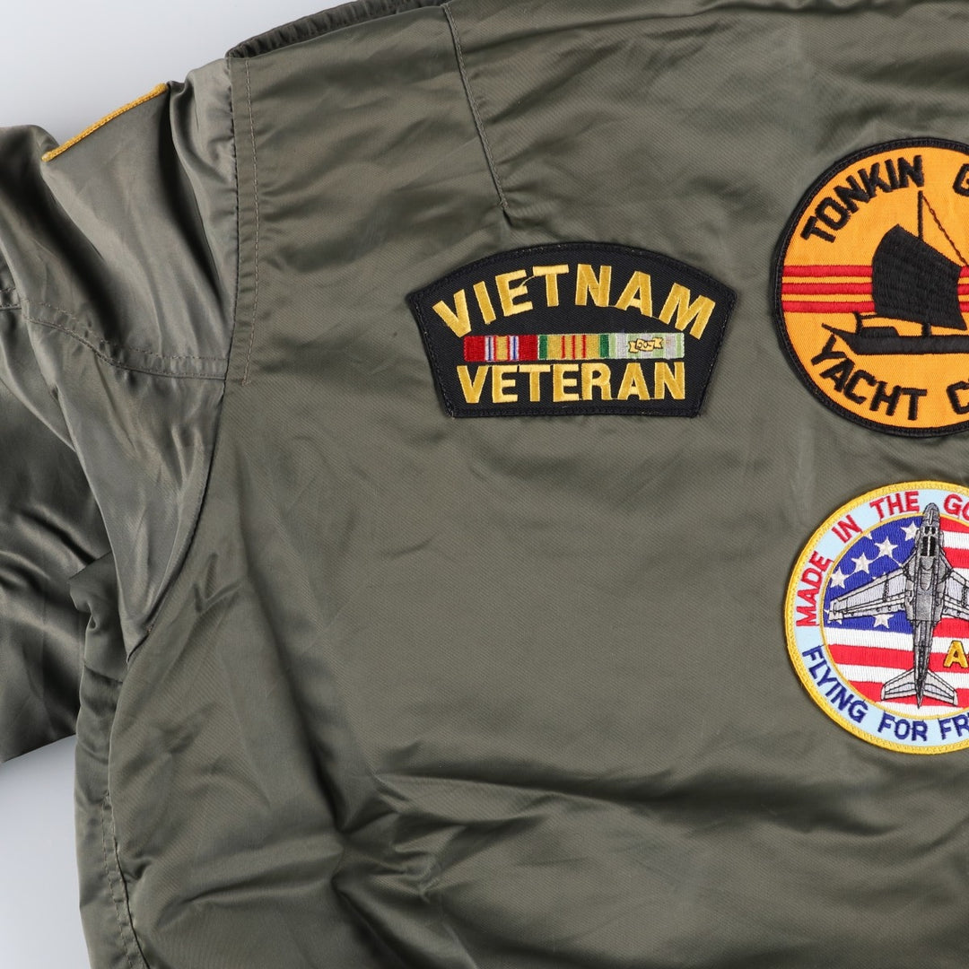 WATKINS DESIGN CENTER Ltd. L-2B Type Stars and Stripes Pattern Padded Military Flight Jacket, Made in USA, Men's Size XL Nylon Khaki type Vintage Second Hand