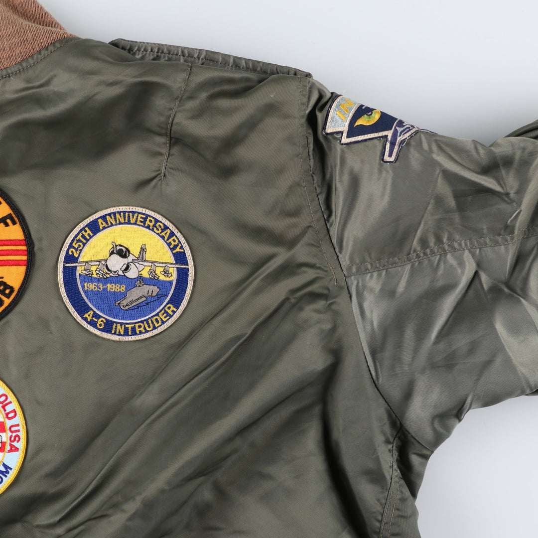 WATKINS DESIGN CENTER Ltd. L-2B Type Stars and Stripes Pattern Padded Military Flight Jacket, Made in USA, Men's Size XL Nylon Khaki type Vintage Second Hand