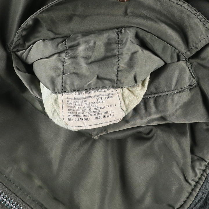 1990'S Civilian Alpha MA-1 Style Padded Military Flight Jacket, Made in USA, Men's Size L, Vintage Nylon Khaki type Vintage Second Hand