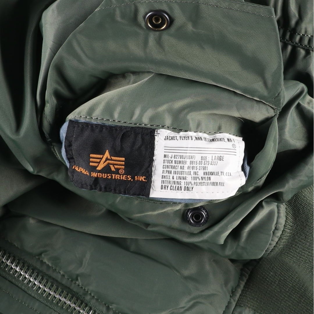 90'S civilian Alpha MA-1 style padded military flight jacket, men's size L, vintage Nylon Khaki type Vintage Second Hand