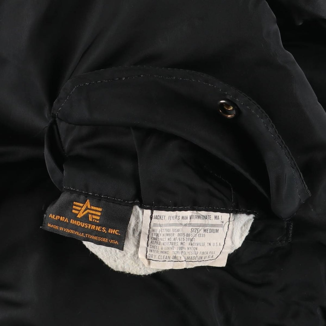 90'S civilian Alpha MA-1 style padded military flight jacket, made in the USA, men's size M, vintage Nylon black type Vintage Second Hand