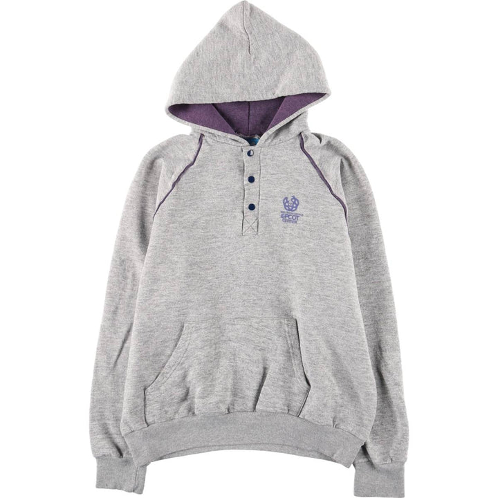 1980'S Disney EPCOT CENTER Half-Button Hoodie, Made in USA, Men's Size L cotton gray type Vintage Second Hand