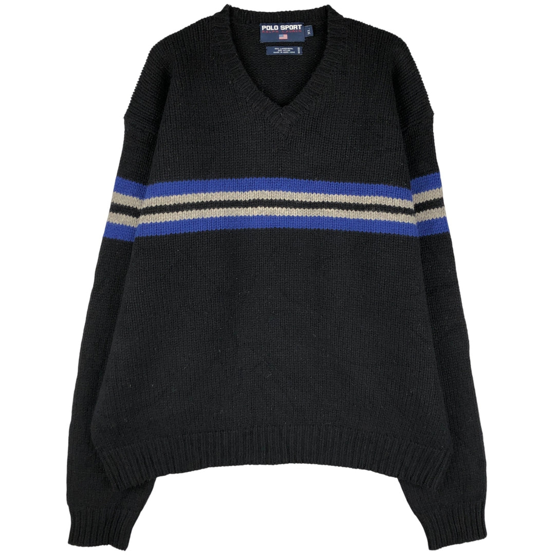 Ralph Lauren POLO SPORT V-neck lambswool knit sweater, men's size XL Lamb wool black type Vintage Second Hand