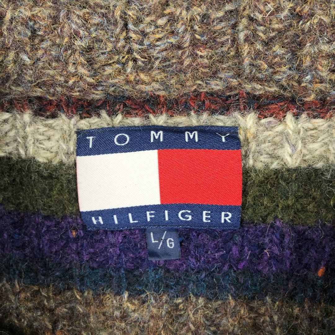 Vintage 90'S Tommy Hilfiger mock neck multi-border wool knit sweater, size L, men's unclear Beige type Vintage Second Hand