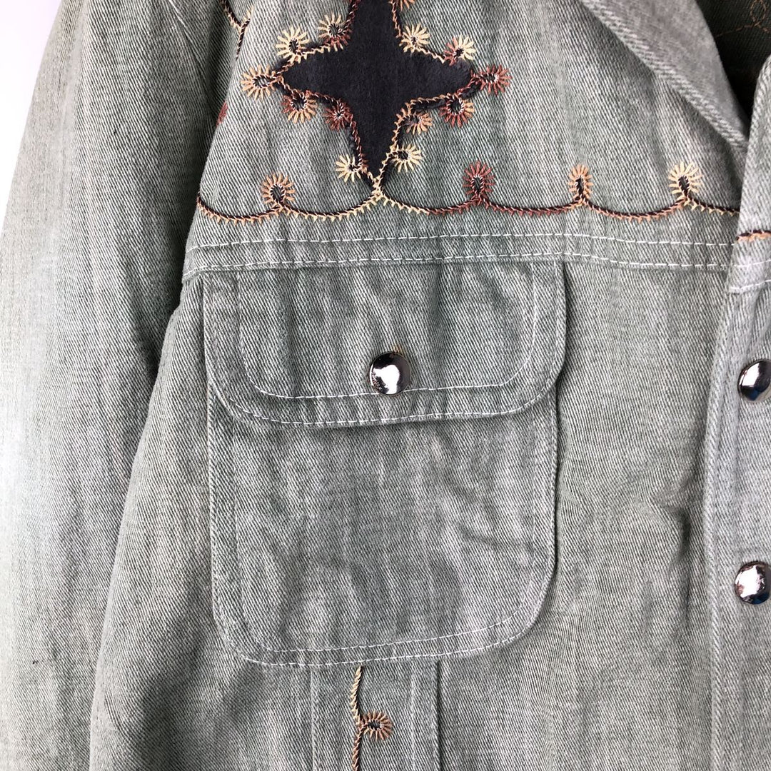 Denim shirt jacket, western jacket, made in Canada, women's size L cotton Khaki type sage green Vintage Second Hand
