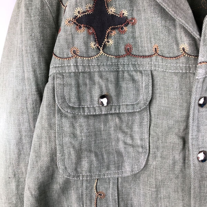 Denim shirt jacket, western jacket, made in Canada, women's size L cotton Khaki type sage green Vintage Second Hand
