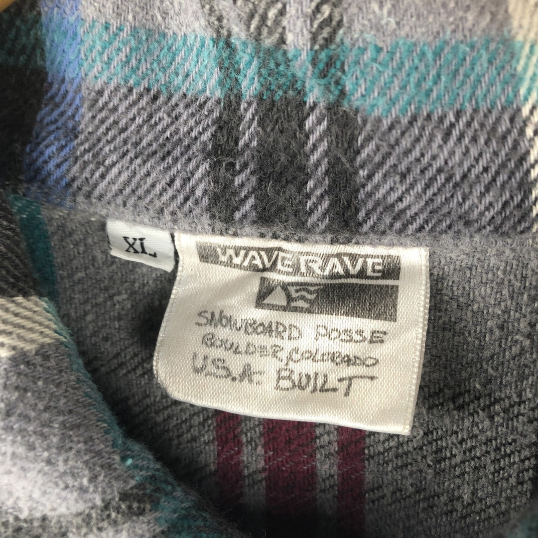 WAVE RAVE Long Sleeve Flannel Check Shirt, Made in USA, Men's Size XL cotton gray type Vintage Second Hand
