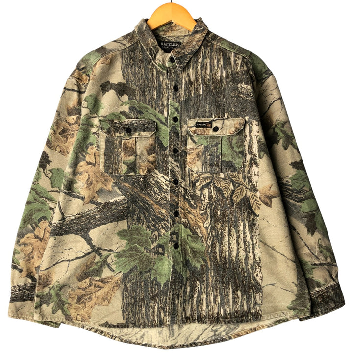 Vintage 90'S RATTLERS Camouflage Pattern Realtree Camo Long Sleeve Printed Flannel Shirt, Made in USA, Men's Size XL cotton Khaki type Vintage Second Hand