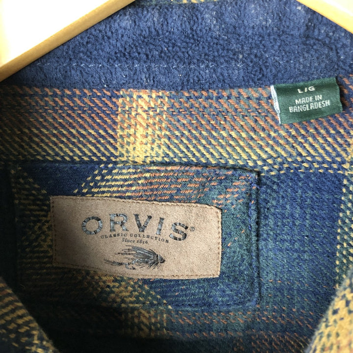 ORVIS Long Sleeve Heavy Flannel Check Shirt, Men's Size L cotton navy blue type Vintage Second Hand