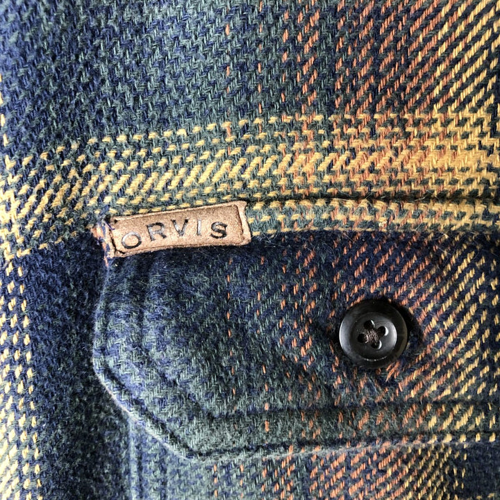 ORVIS Long Sleeve Heavy Flannel Check Shirt, Men's Size L cotton navy blue type Vintage Second Hand