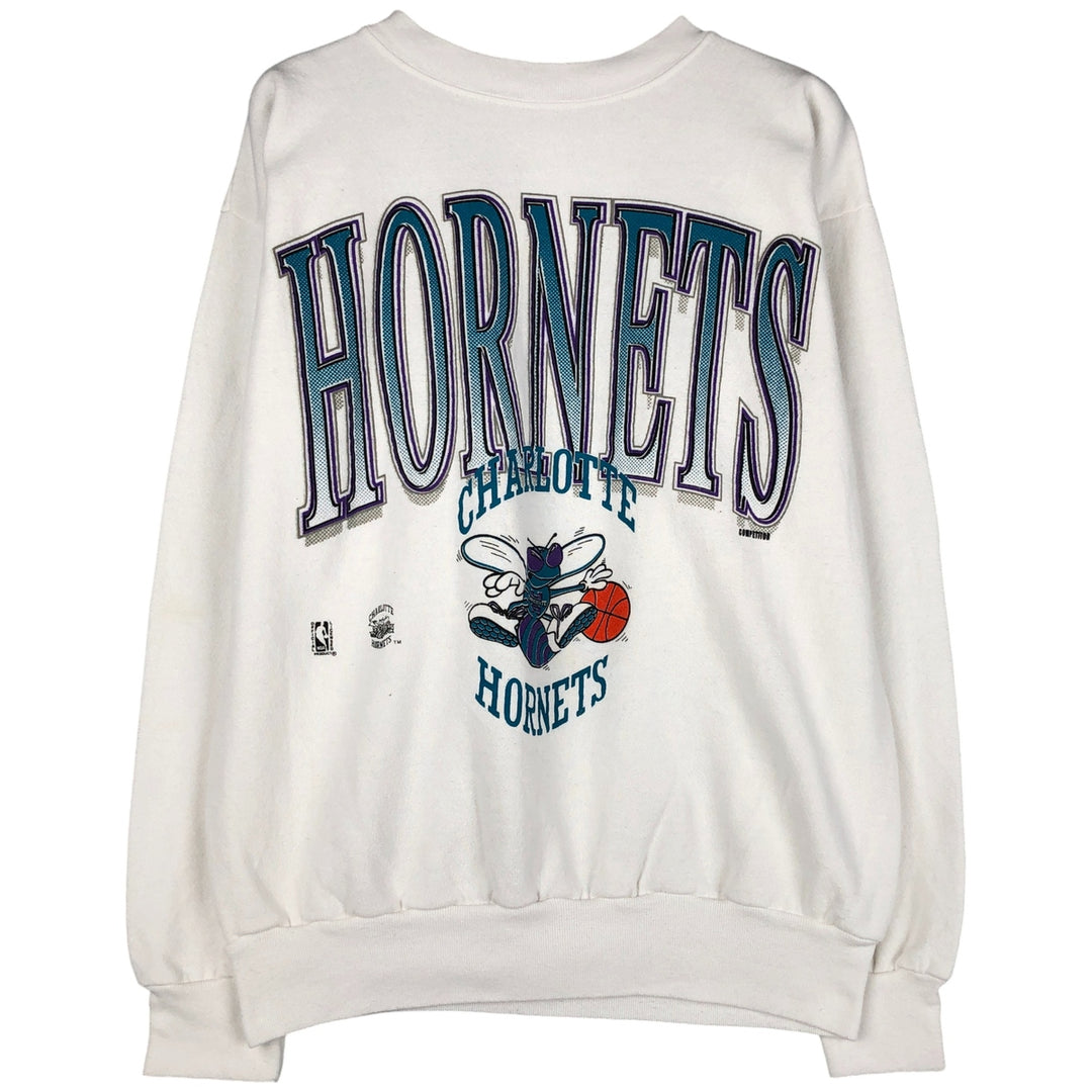 Vintage 90'S COMRETITOR NBA Charlotte Hornets Print Sweatshirt, Made in USA, Men's Size L cotton white type Vintage Second Hand