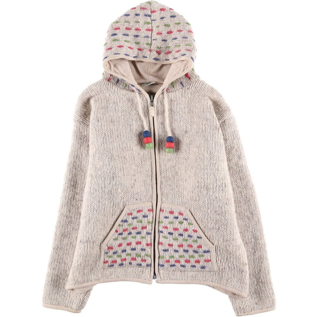 PACHAMAMA All-Over Print HAND KNIT Hand-Knit Wool Zip Hoodie, Women's Size M wool pale white type Vintage Second Hand