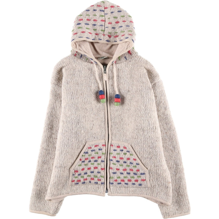 PACHAMAMA All-Over Print HAND KNIT Hand-Knit Wool Zip Hoodie, Women's Size M wool pale white type Vintage Second Hand