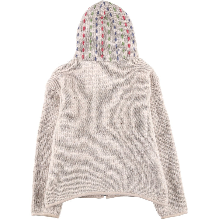 PACHAMAMA All-Over Print HAND KNIT Hand-Knit Wool Zip Hoodie, Women's Size M wool pale white type Vintage Second Hand