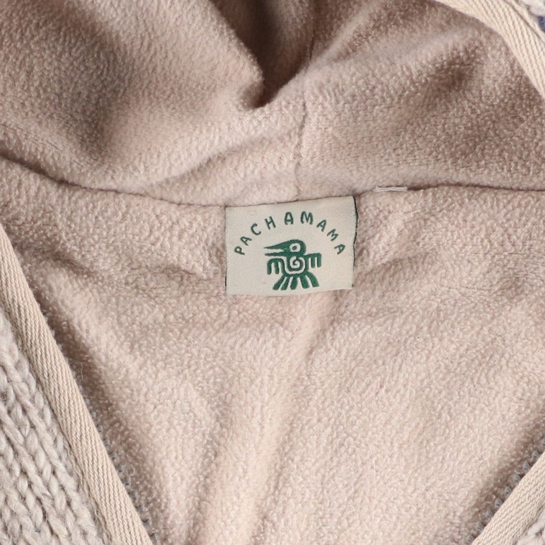 PACHAMAMA All-Over Print HAND KNIT Hand-Knit Wool Zip Hoodie, Women's Size M wool pale white type Vintage Second Hand