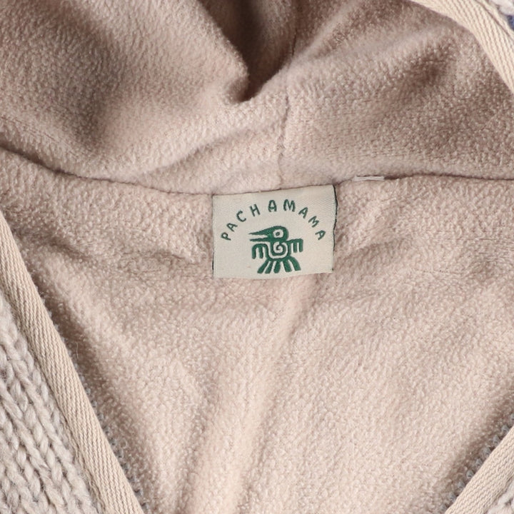 PACHAMAMA All-Over Print HAND KNIT Hand-Knit Wool Zip Hoodie, Women's Size M wool pale white type Vintage Second Hand
