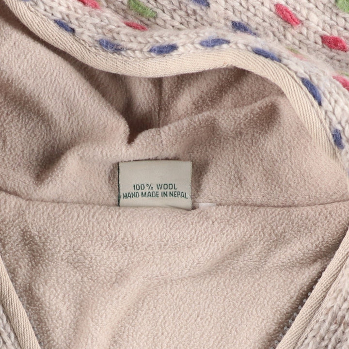 PACHAMAMA All-Over Print HAND KNIT Hand-Knit Wool Zip Hoodie, Women's Size M wool pale white type Vintage Second Hand
