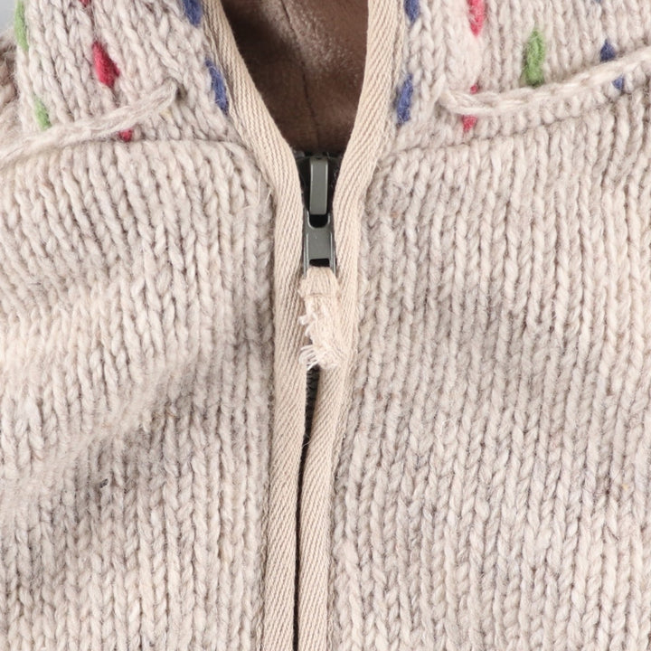 PACHAMAMA All-Over Print HAND KNIT Hand-Knit Wool Zip Hoodie, Women's Size M wool pale white type Vintage Second Hand