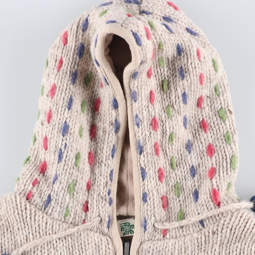 PACHAMAMA All-Over Print HAND KNIT Hand-Knit Wool Zip Hoodie, Women's Size M wool pale white type Vintage Second Hand