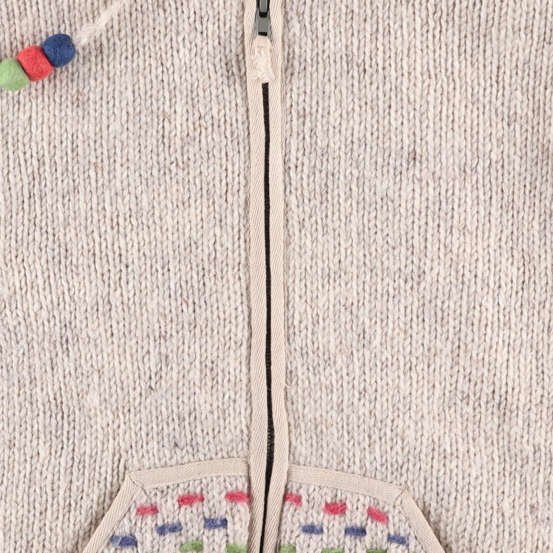 PACHAMAMA All-Over Print HAND KNIT Hand-Knit Wool Zip Hoodie, Women's Size M wool pale white type Vintage Second Hand