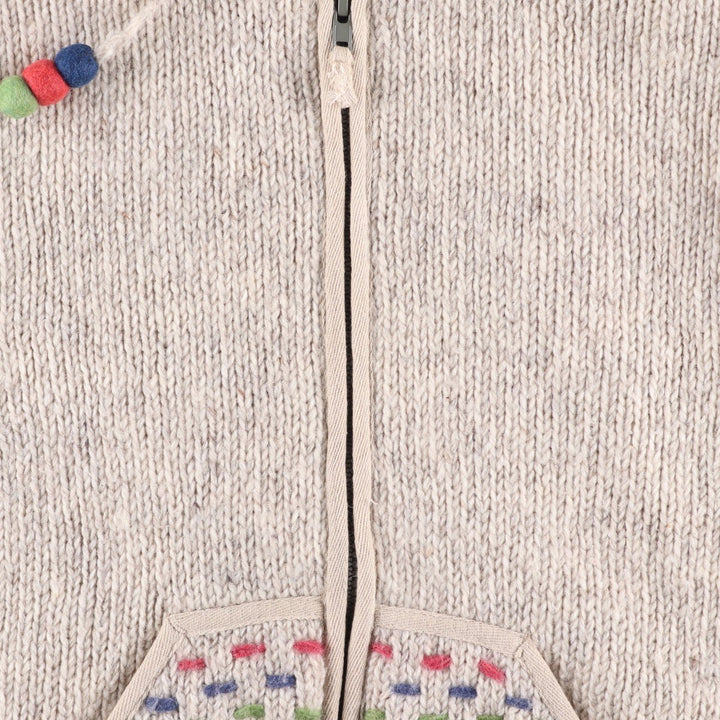 PACHAMAMA All-Over Print HAND KNIT Hand-Knit Wool Zip Hoodie, Women's Size M wool pale white type Vintage Second Hand