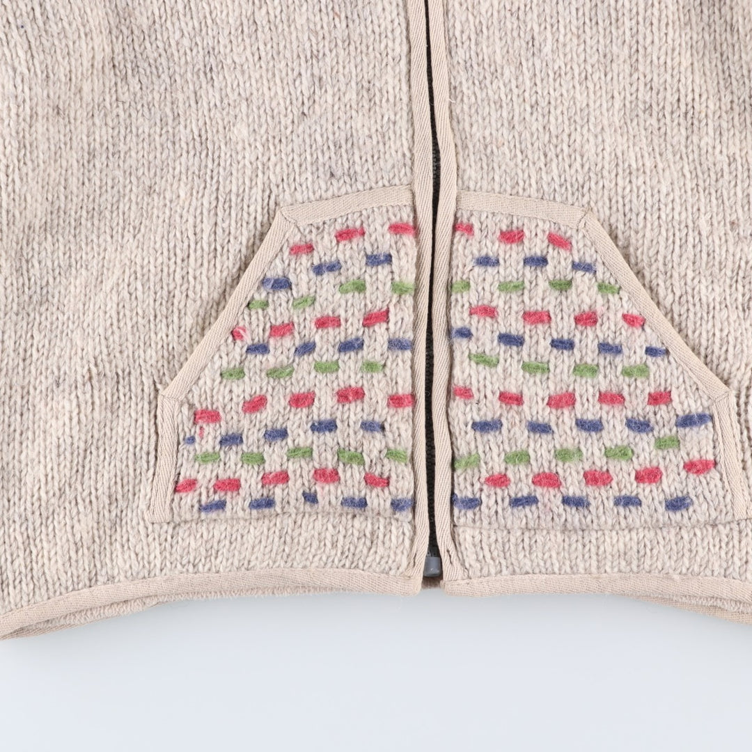 PACHAMAMA All-Over Print HAND KNIT Hand-Knit Wool Zip Hoodie, Women's Size M wool pale white type Vintage Second Hand