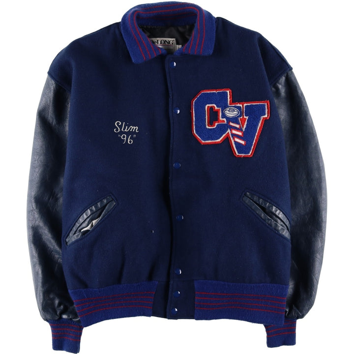 90'S DELONG Padded Varsity Jacket with Leather Sleeves and Wool Buttons, Men's Size XXL, Vintage wool blue type Vintage Second Hand