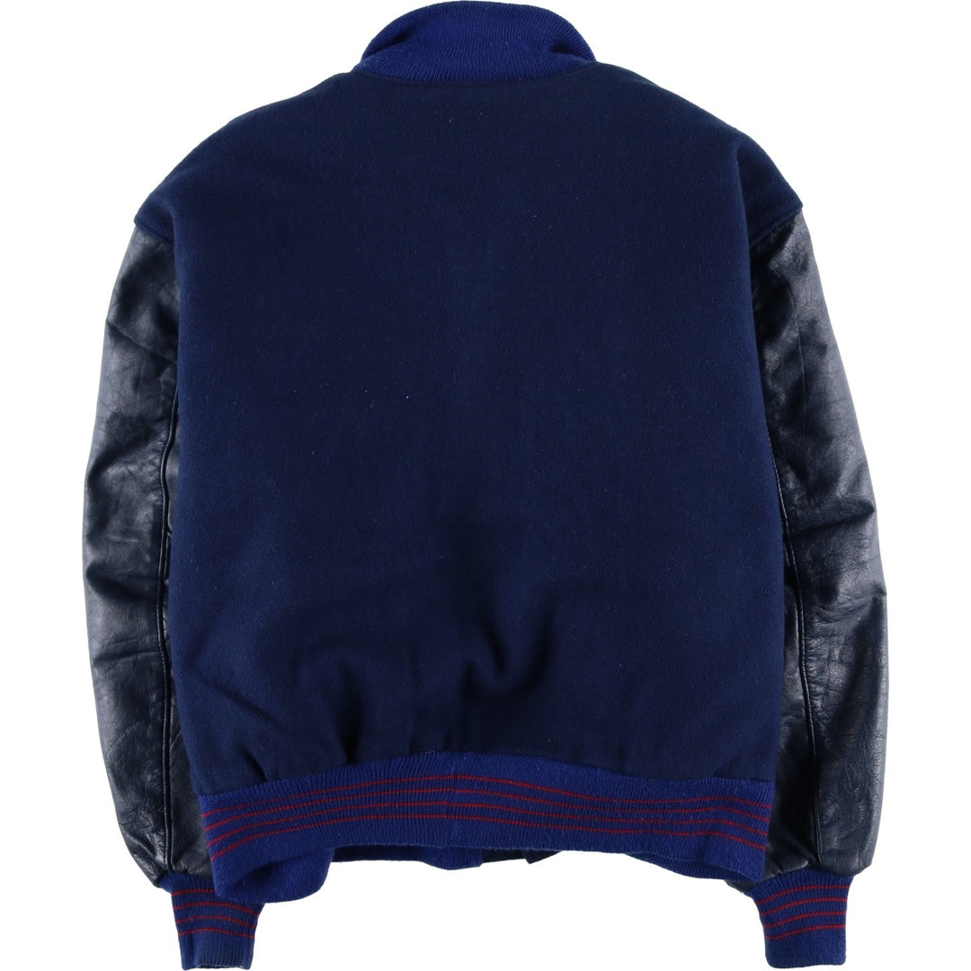 90'S DELONG Padded Varsity Jacket with Leather Sleeves and Wool Buttons, Men's Size XXL, Vintage wool blue type Vintage Second Hand