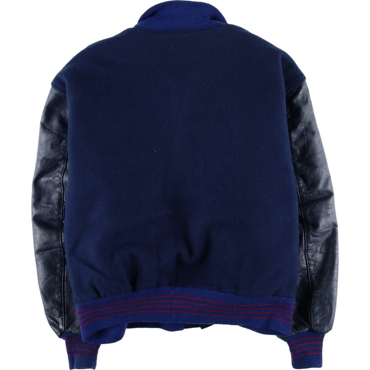 90'S DELONG Padded Varsity Jacket with Leather Sleeves and Wool Buttons, Men's Size XXL, Vintage wool blue type Vintage Second Hand