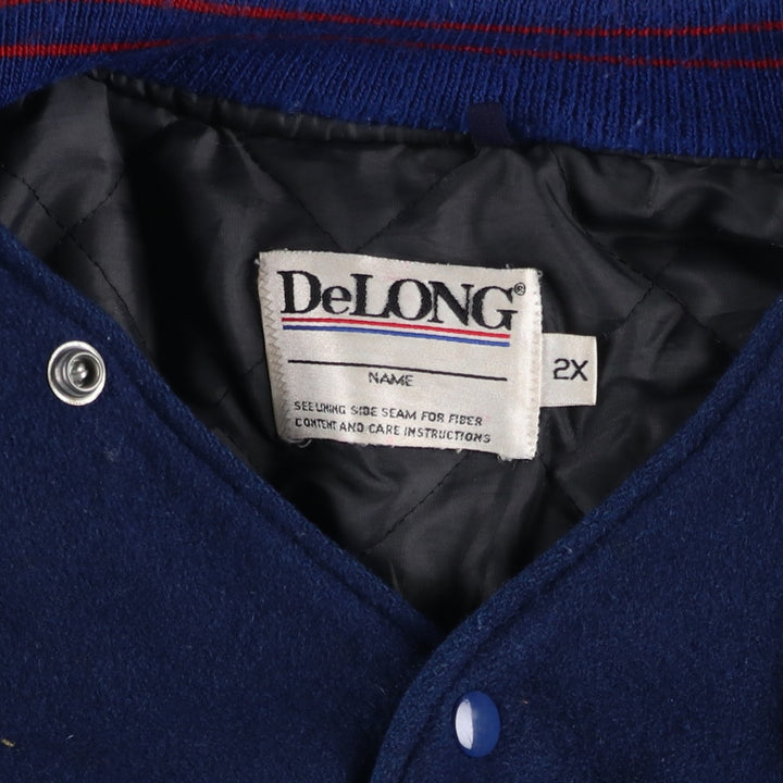 90'S DELONG Padded Varsity Jacket with Leather Sleeves and Wool Buttons, Men's Size XXL, Vintage wool blue type Vintage Second Hand