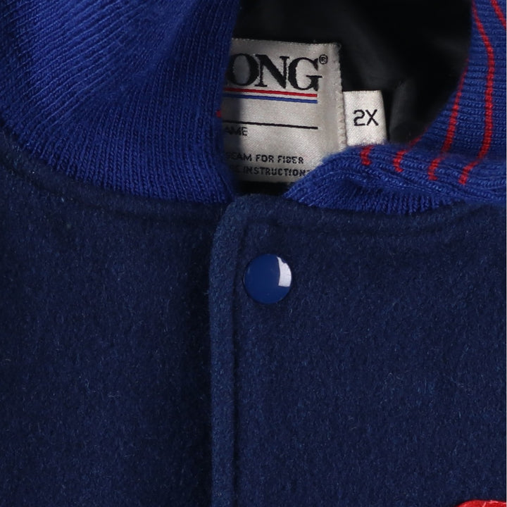 90'S DELONG Padded Varsity Jacket with Leather Sleeves and Wool Buttons, Men's Size XXL, Vintage wool blue type Vintage Second Hand