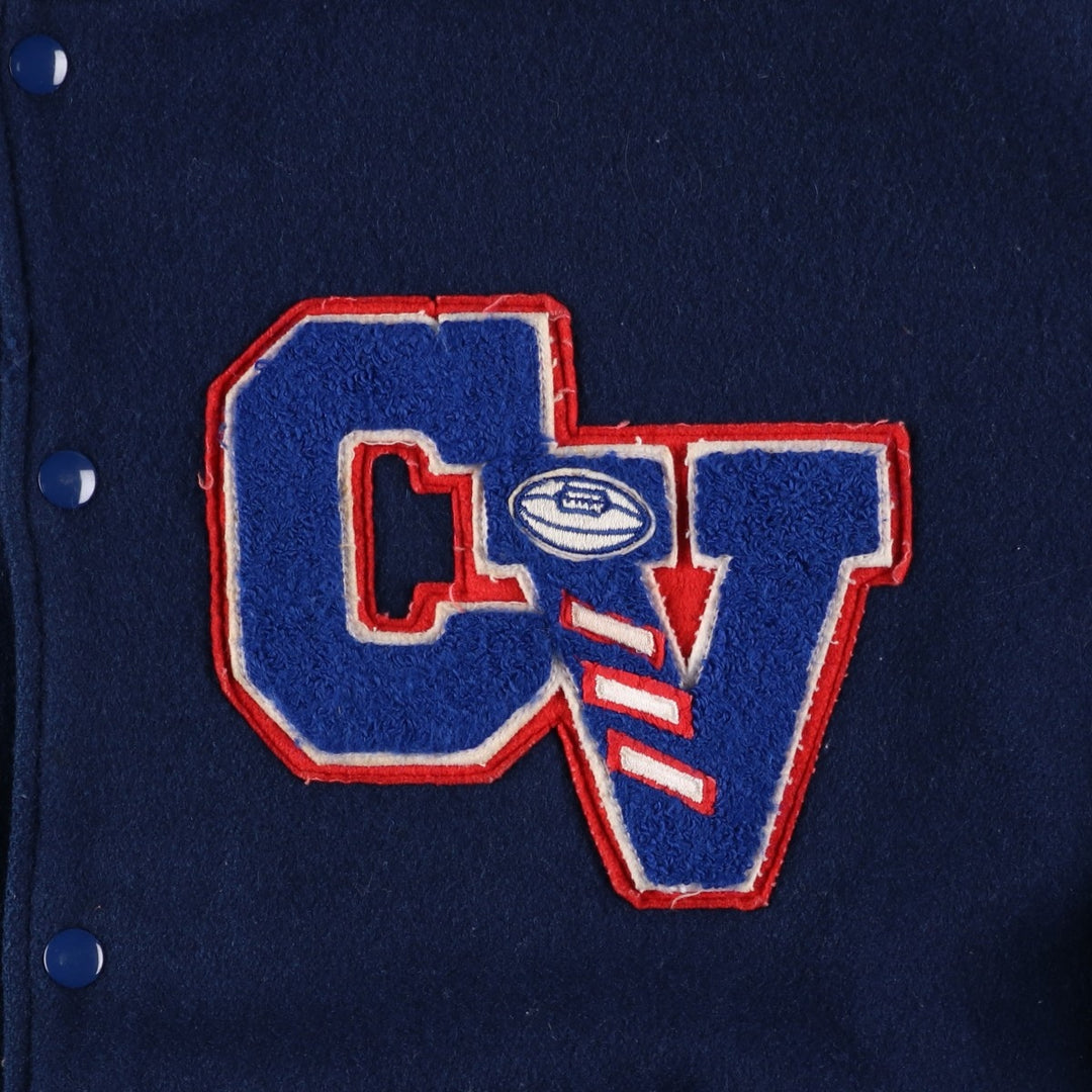 90'S DELONG Padded Varsity Jacket with Leather Sleeves and Wool Buttons, Men's Size XXL, Vintage wool blue type Vintage Second Hand