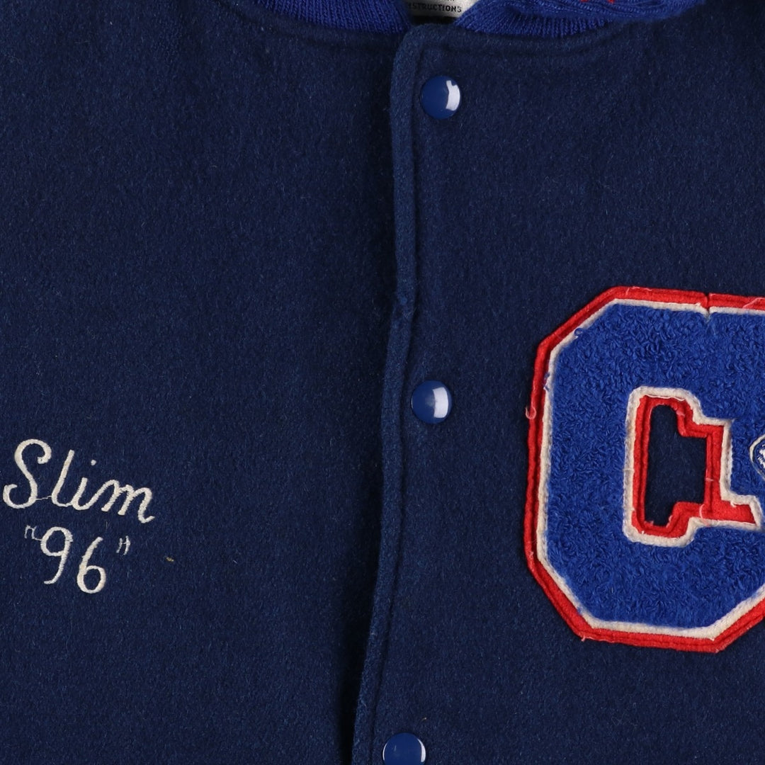 90'S DELONG Padded Varsity Jacket with Leather Sleeves and Wool Buttons, Men's Size XXL, Vintage wool blue type Vintage Second Hand