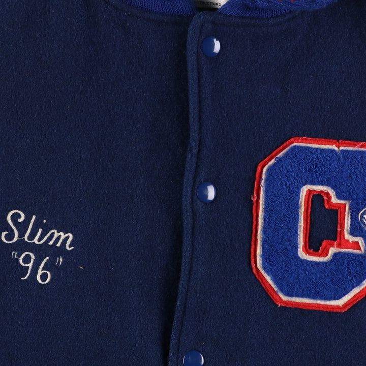 90'S DELONG Padded Varsity Jacket with Leather Sleeves and Wool Buttons, Men's Size XXL, Vintage wool blue type Vintage Second Hand