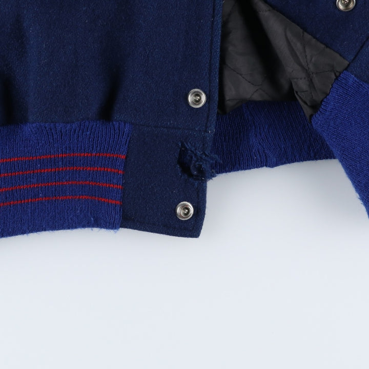 90'S DELONG Padded Varsity Jacket with Leather Sleeves and Wool Buttons, Men's Size XXL, Vintage wool blue type Vintage Second Hand