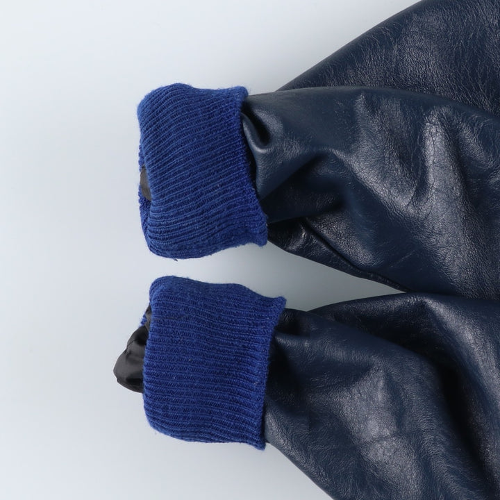 90'S DELONG Padded Varsity Jacket with Leather Sleeves and Wool Buttons, Men's Size XXL, Vintage wool blue type Vintage Second Hand