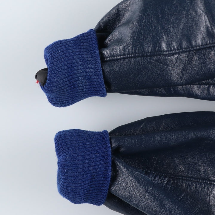 90'S DELONG Padded Varsity Jacket with Leather Sleeves and Wool Buttons, Men's Size XXL, Vintage wool blue type Vintage Second Hand