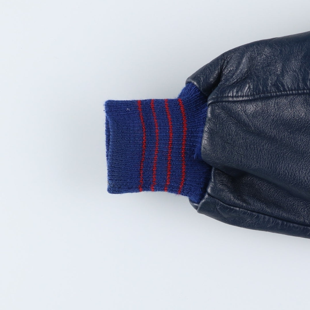 90'S DELONG Padded Varsity Jacket with Leather Sleeves and Wool Buttons, Men's Size XXL, Vintage wool blue type Vintage Second Hand