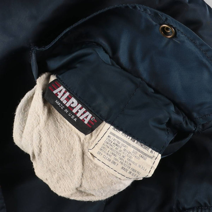 90'S civilian Alpha MA-1 style padded military flight jacket, made in the USA, men's size L, vintage Nylon navy blue type Vintage Second Hand