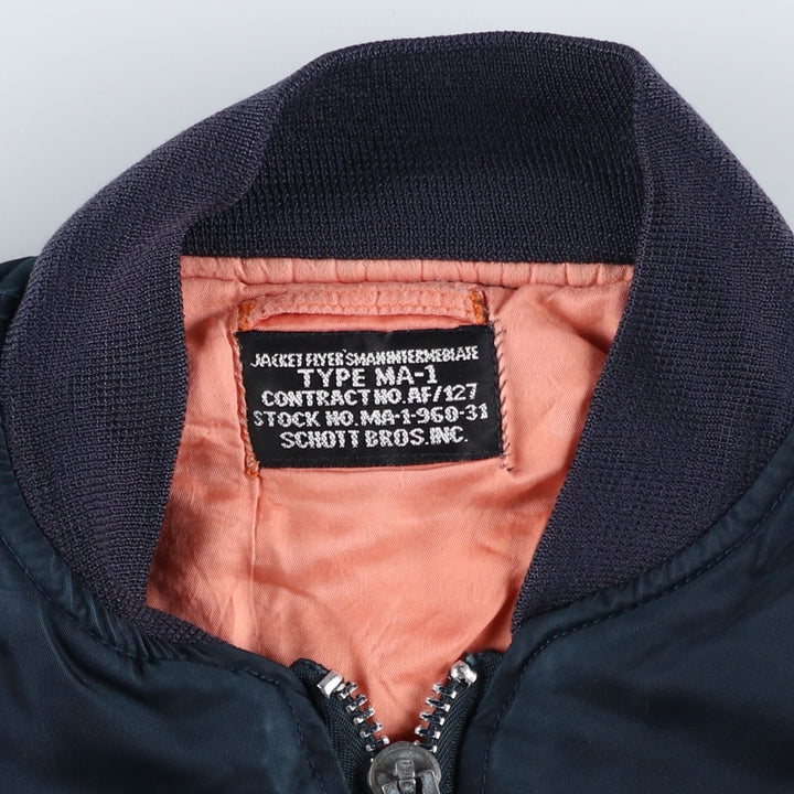 Civilian SCHOTT MA-1 style padded military flight jacket, men's size M Nylon navy blue type Vintage Second Hand
