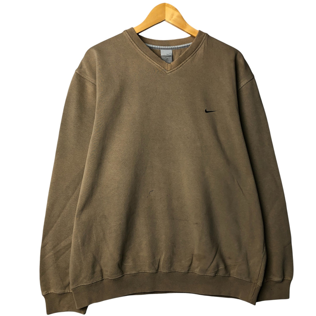 2000'S Nike V-neck one-point logo sweatshirt, men's size XL cotton Khaki type Vintage Second Hand