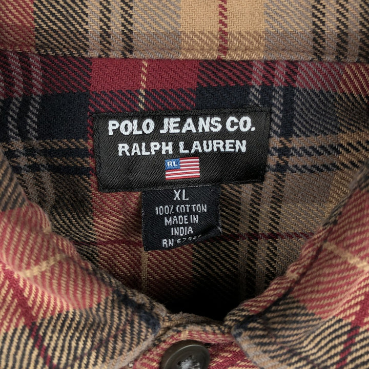 2000'S Ralph Lauren Polo Jeans Company long-sleeved flannel check shirt, men's size XL cotton wine-red Vintage Second Hand