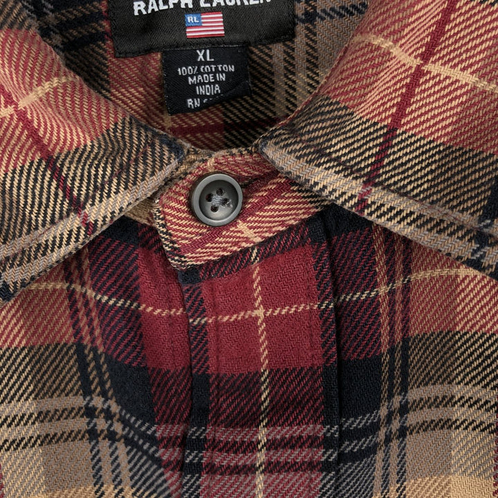2000'S Ralph Lauren Polo Jeans Company long-sleeved flannel check shirt, men's size XL cotton wine-red Vintage Second Hand