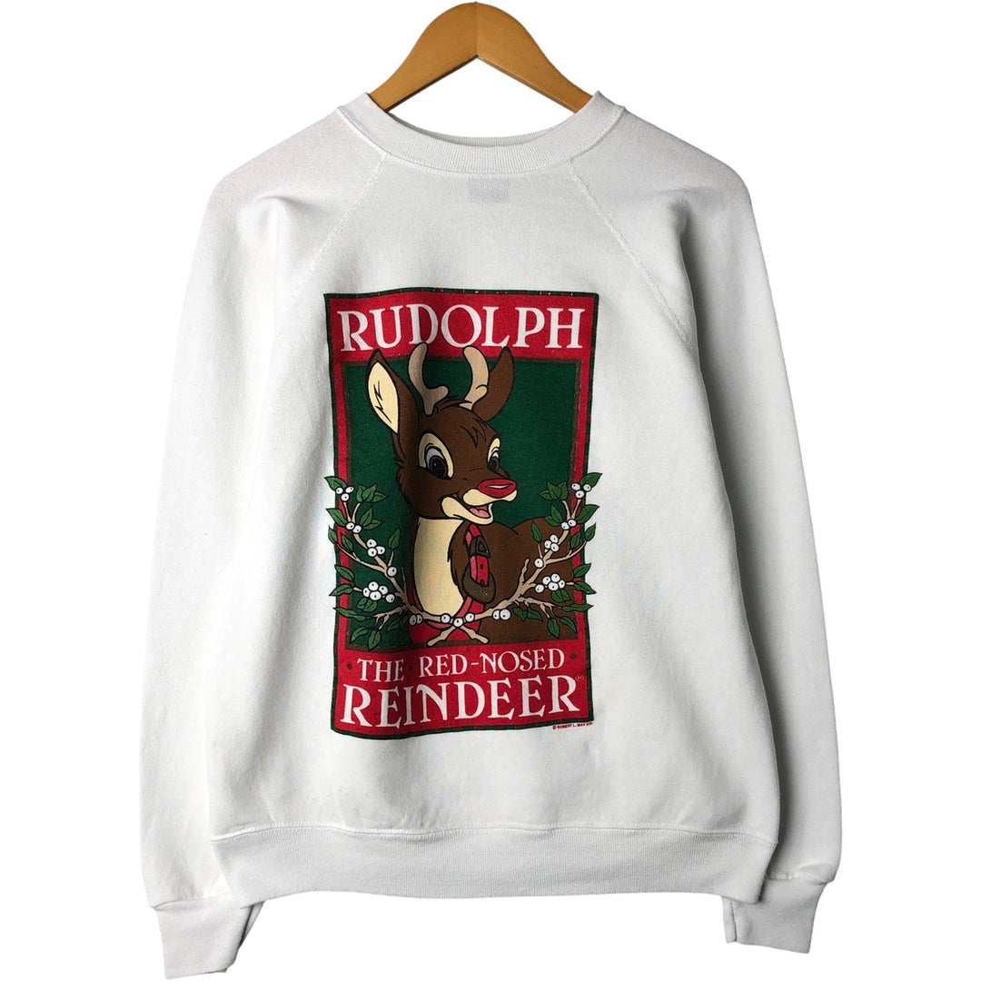 90'S TULTEX THE RED-NOSED REINDEER character sweatshirt, Made in USA, Men's size M cotton white type Vintage Second Hand