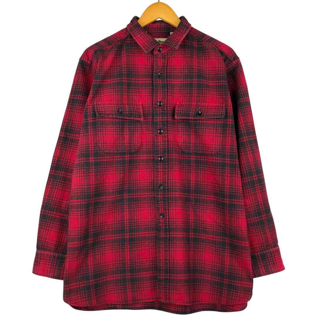 Vintage 70s-80'S LLBean long-sleeved flannel check shirt, size L, men's cotton red type Vintage Second Hand