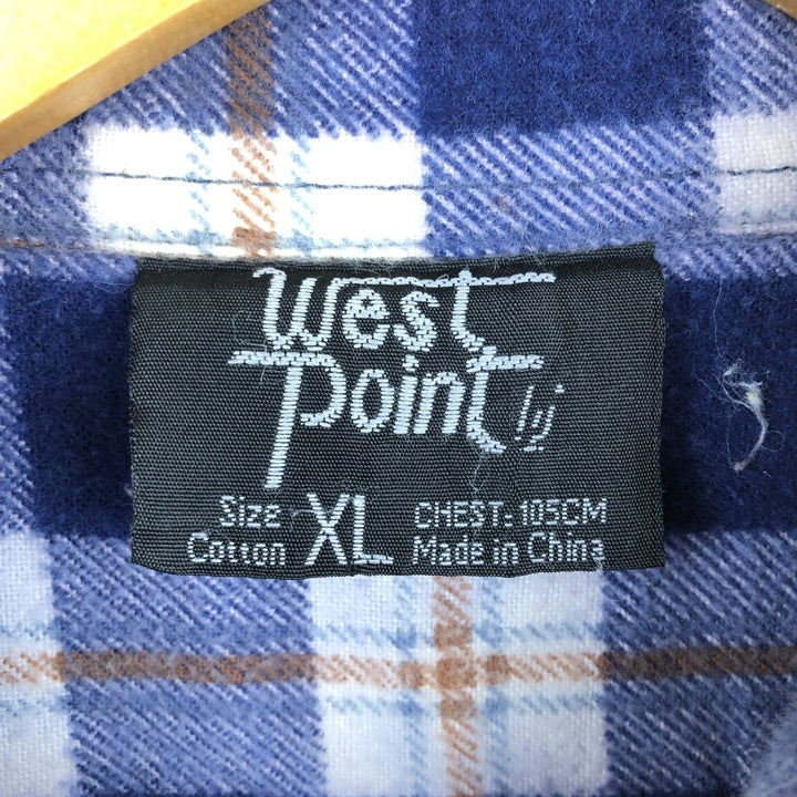 West Point Long Sleeve Flannel Check Shirt, Men's XL cotton navy blue type Vintage Second Hand